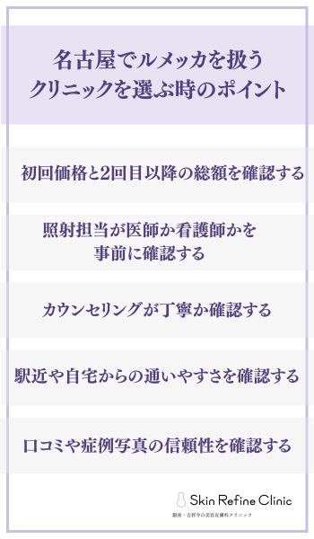 名古屋でルメッカを扱う
クリニックを選ぶ時のポイント